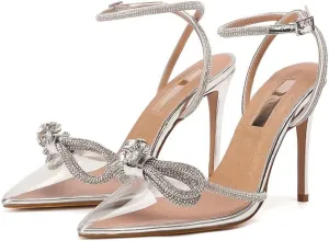 Bieosnli Women's Satin Lace Up High Heel Sandals Ankle Buckle Straps Pump Rhinestone Strip Bowknot Pointed Toe Stiletto Sandals