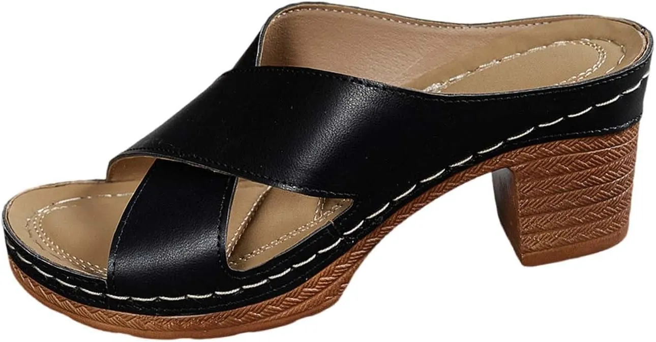 BILIKEYU Womens Chunky Heel Platform Sandals Open Toe Crisscross Strap Slip on Slide Comfortable High Heel Beach Sandal