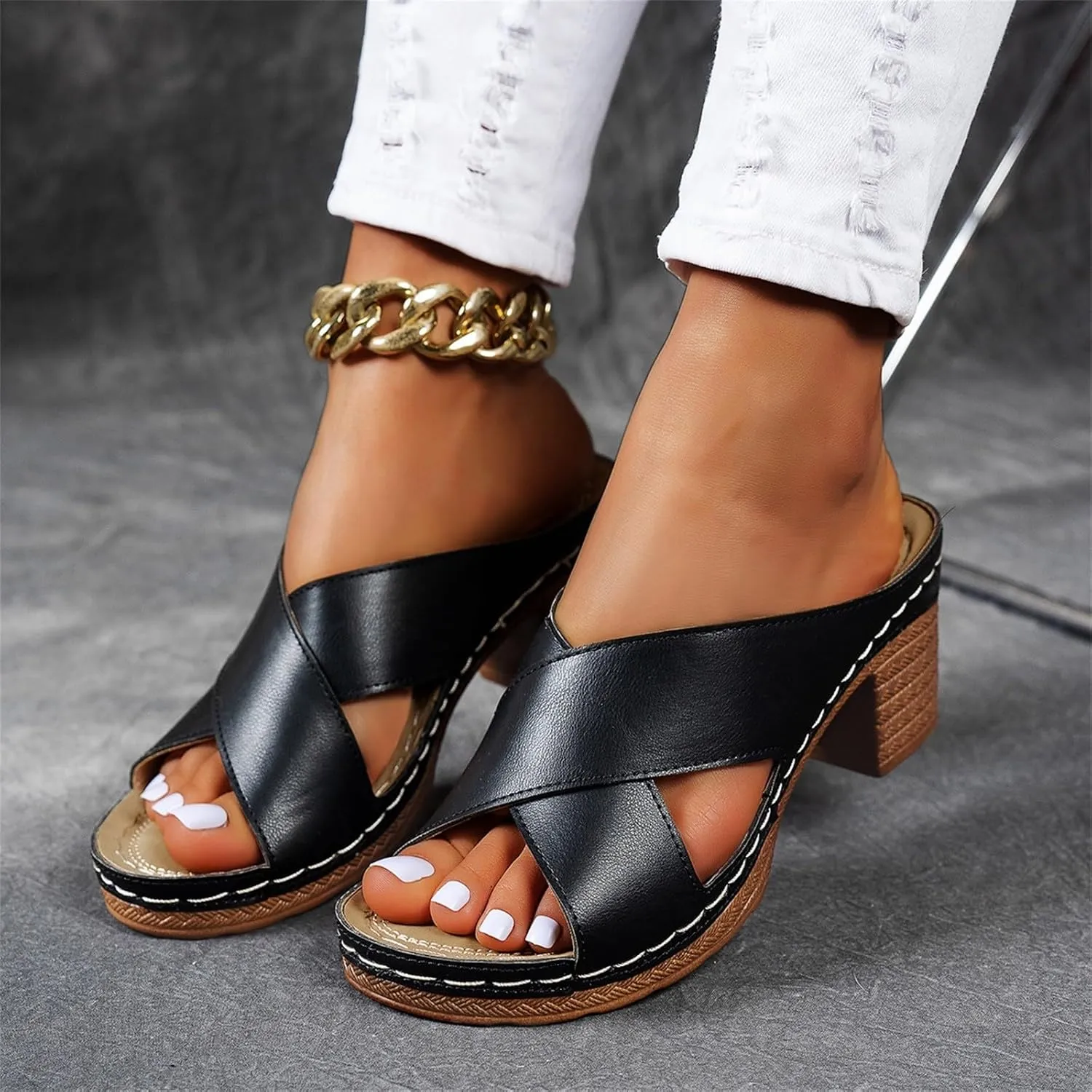 BILIKEYU Womens Chunky Heel Platform Sandals Open Toe Crisscross Strap Slip on Slide Comfortable High Heel Beach Sandal