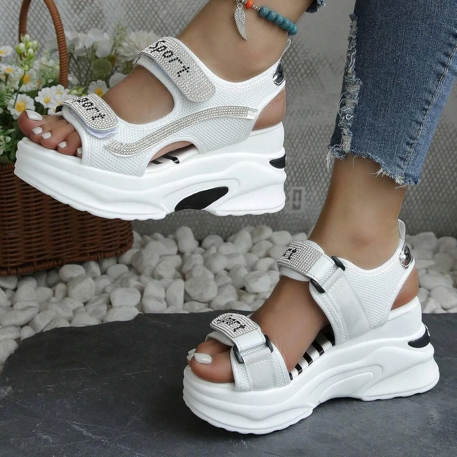 Breathable Mesh Platform Sandals Women Comfortable Walking Sandals Arch Support Orthotic Slide Rhinestone Casual Open Toe Sport Sandals for Athletic Summer Beach Washable Slingback Platform Wedge