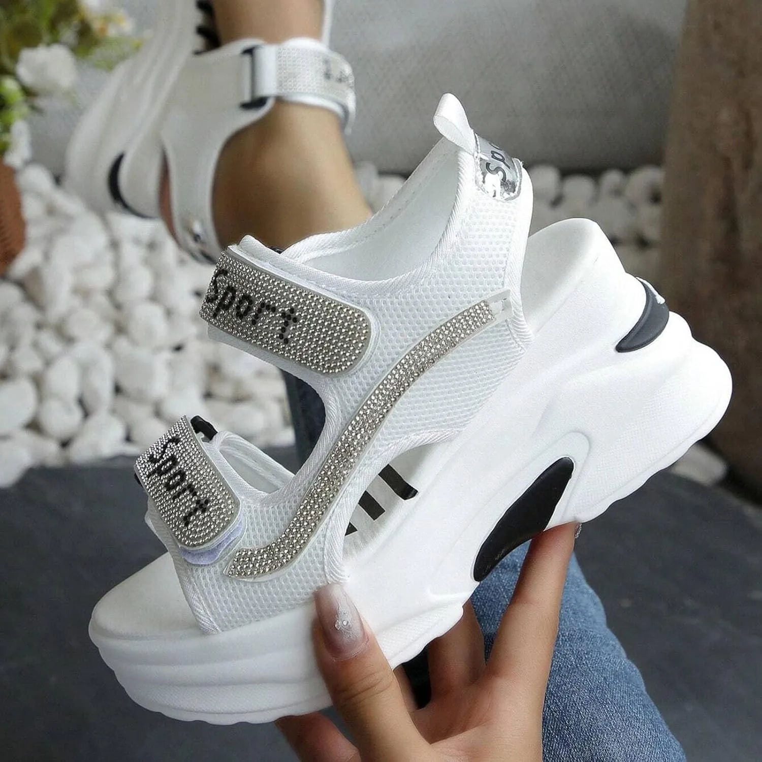 Breathable Mesh Platform Sandals Women Comfortable Walking Sandals Arch Support Orthotic Slide Rhinestone Casual Open Toe Sport Sandals for Athletic Summer Beach Washable Slingback Platform Wedge