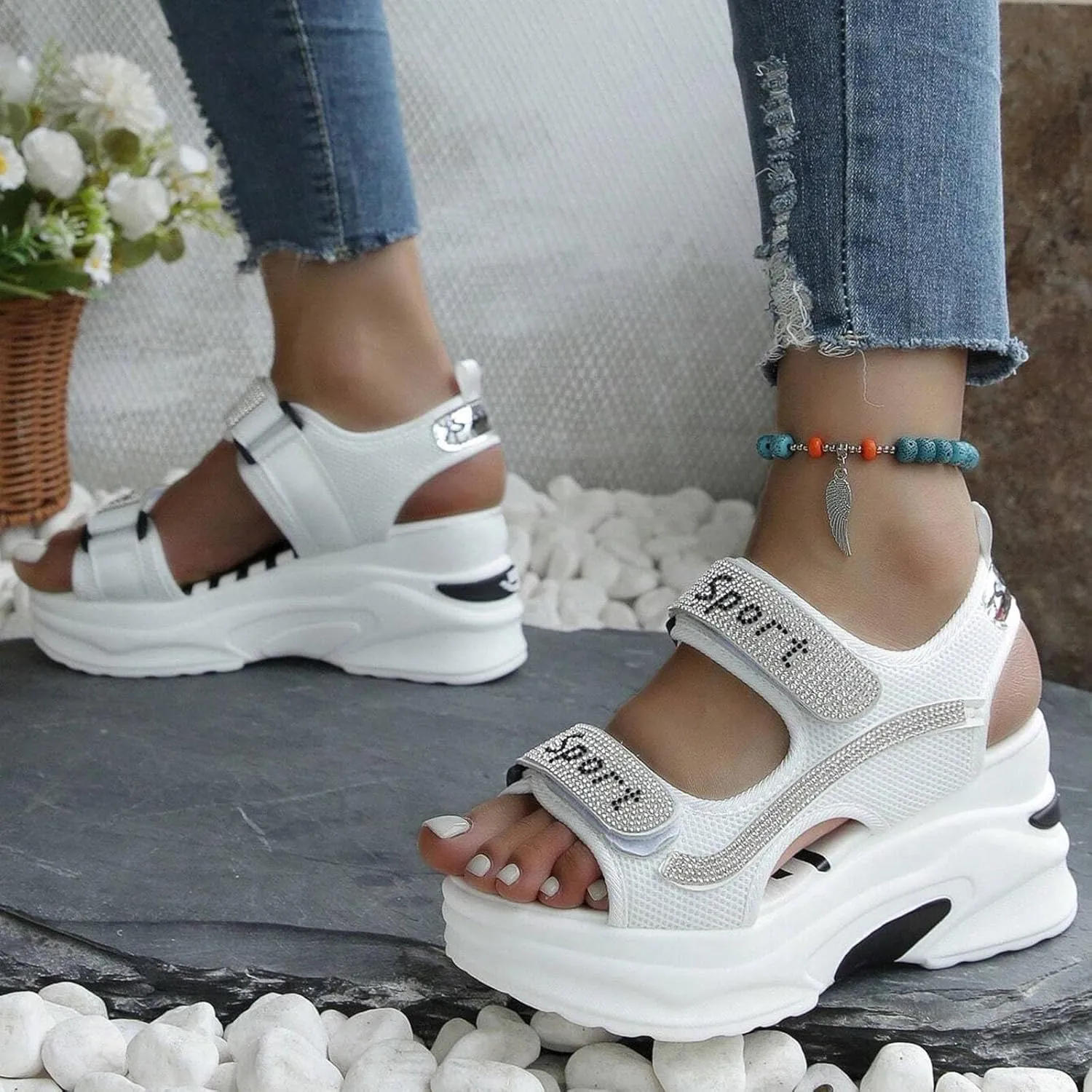 Breathable Mesh Platform Sandals Women Comfortable Walking Sandals Arch Support Orthotic Slide Rhinestone Casual Open Toe Sport Sandals for Athletic Summer Beach Washable Slingback Platform Wedge