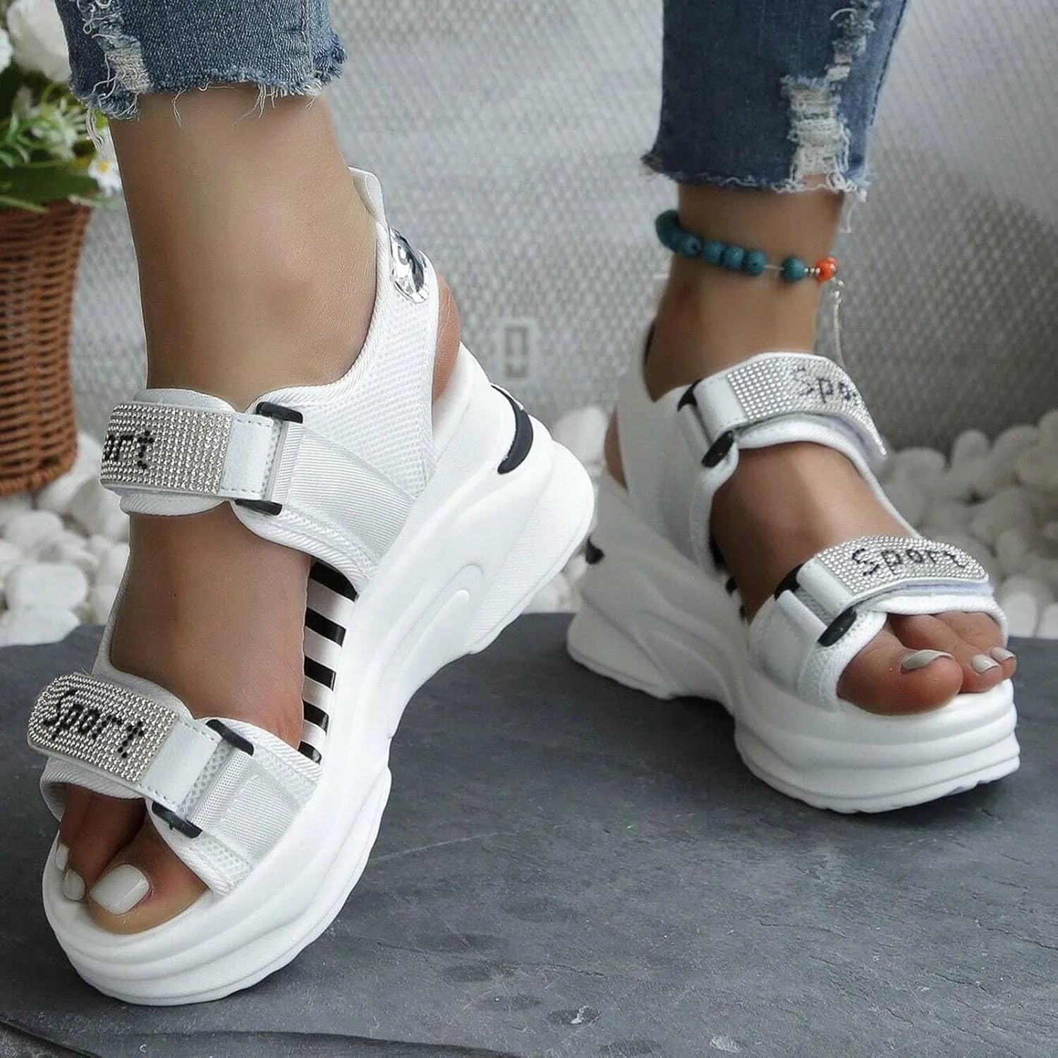 Breathable Mesh Platform Sandals Women Comfortable Walking Sandals Arch Support Orthotic Slide Rhinestone Casual Open Toe Sport Sandals for Athletic Summer Beach Washable Slingback Platform Wedge