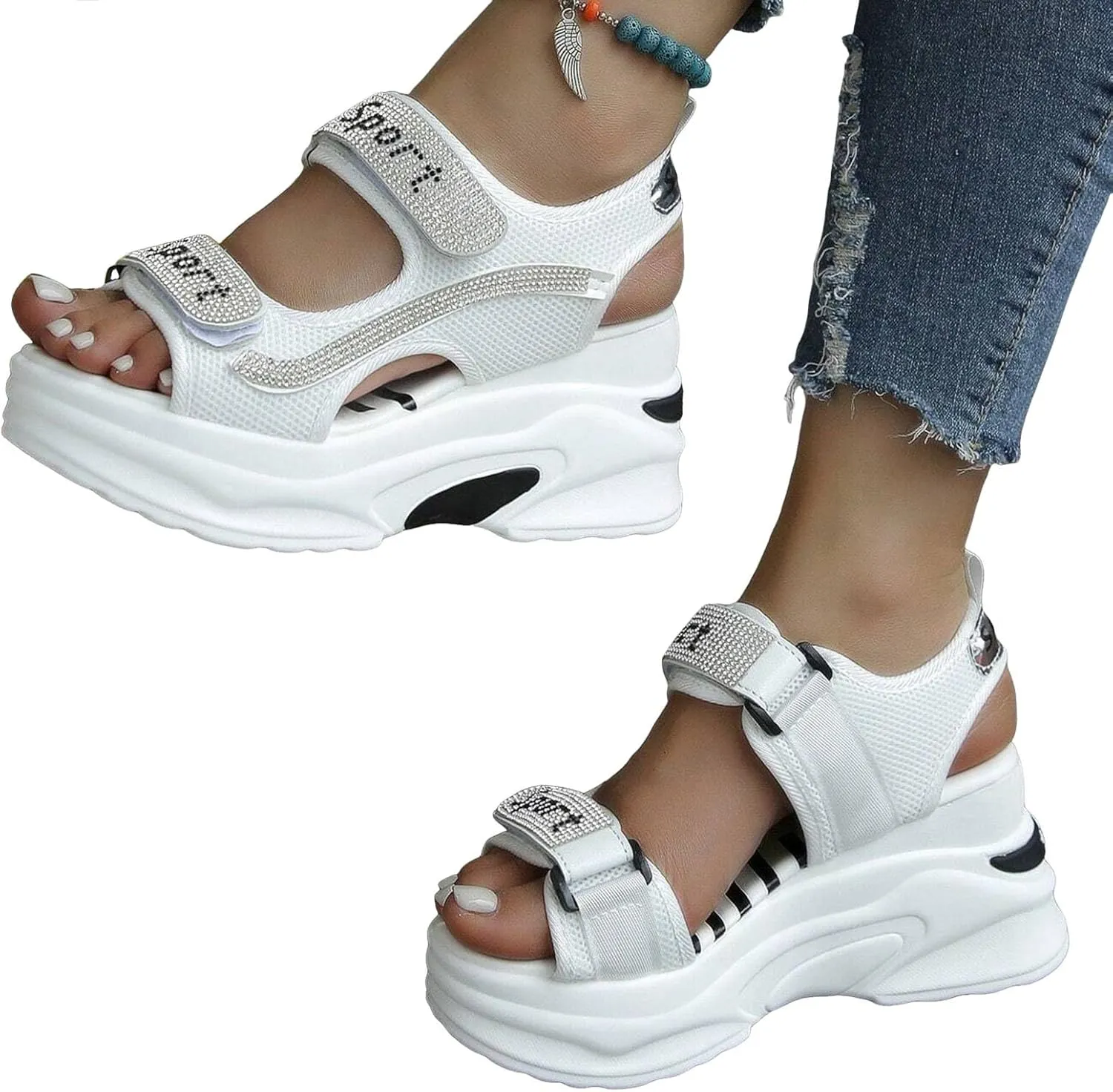 Breathable Mesh Platform Sandals Women Comfortable Walking Sandals Arch Support Orthotic Slide Rhinestone Casual Open Toe Sport Sandals for Athletic Summer Beach Washable Slingback Platform Wedge