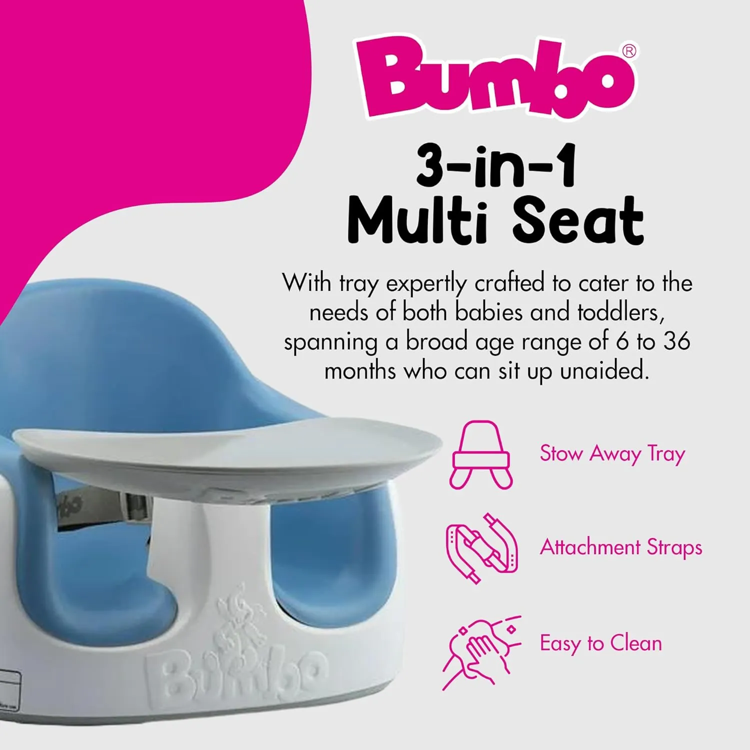 Bumbo 3-in-1 Baby Multi Seat Booster with Feeding Tray, 6-36 Months Old, Powder Blue - High Chair and Floor Seat Accessory for Babies, Infants, and Toddlers