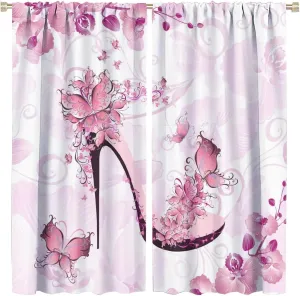 Butterflies High Heel Curtains for Home Decor Pink Flower High Heel Shoe Feminine Pattern Window Drapes for Bedroom Window Curtain 42x45 Inch