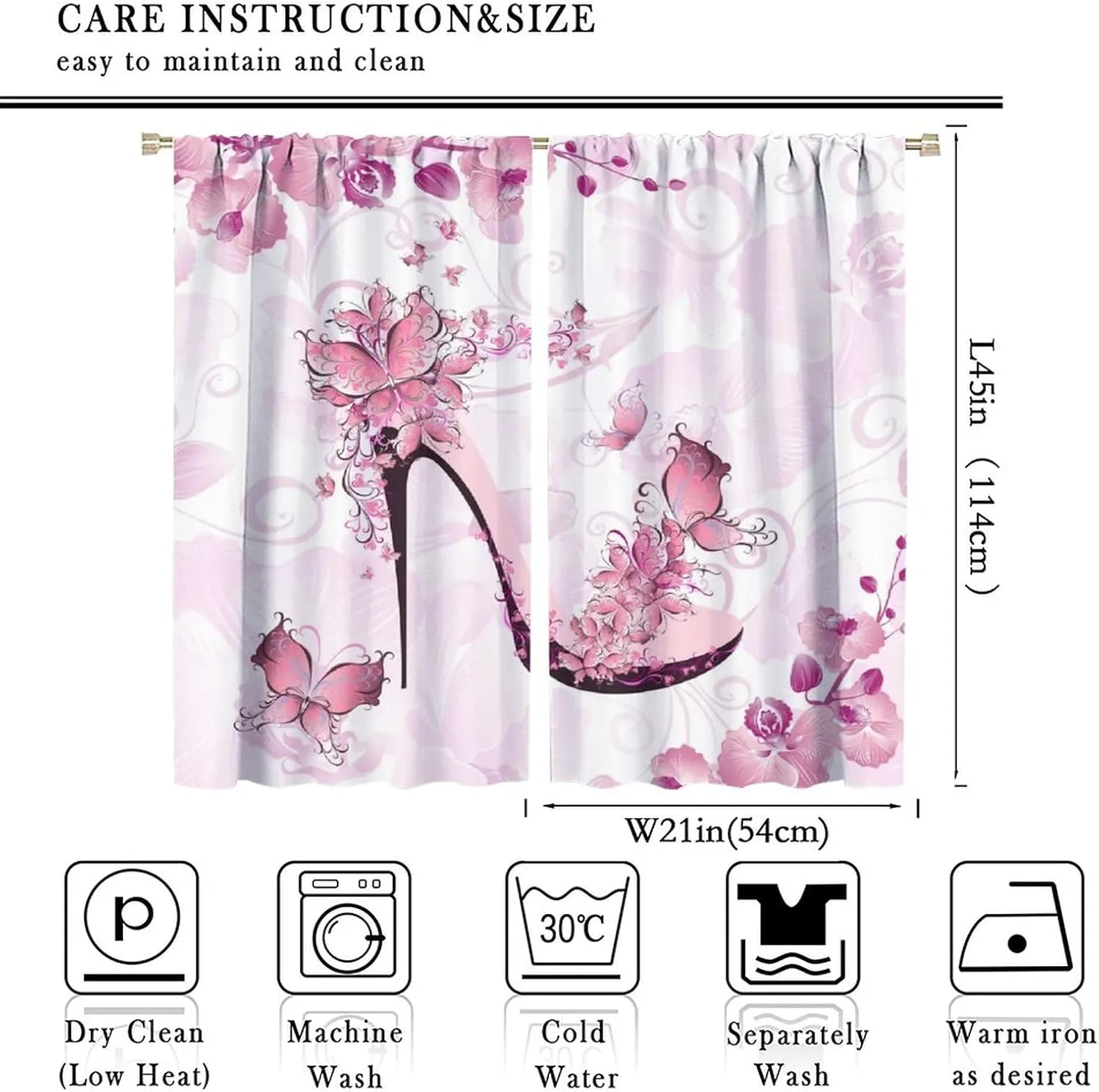 Butterflies High Heel Curtains for Home Decor Pink Flower High Heel Shoe Feminine Pattern Window Drapes for Bedroom Window Curtain 42x45 Inch