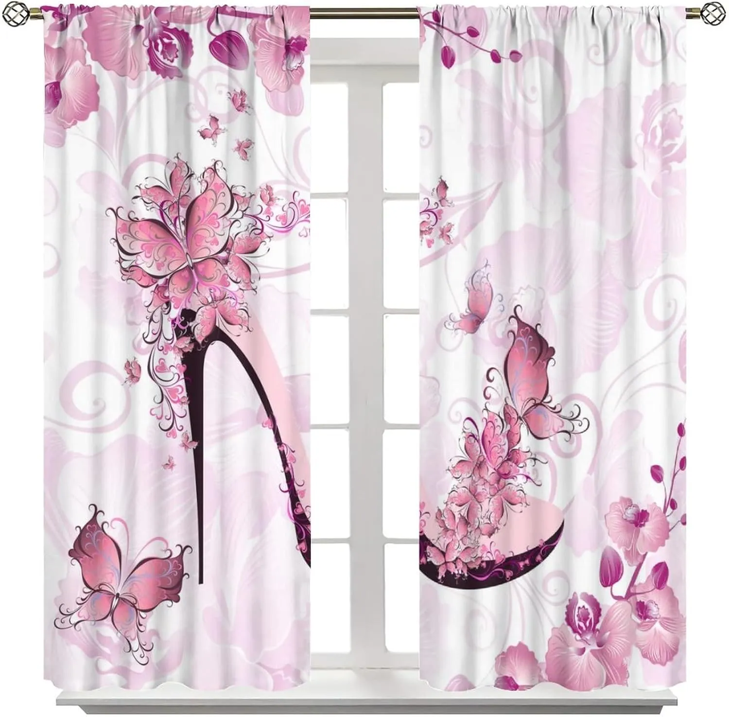 Butterflies High Heel Curtains for Home Decor Pink Flower High Heel Shoe Feminine Pattern Window Drapes for Bedroom Window Curtain 42x45 Inch