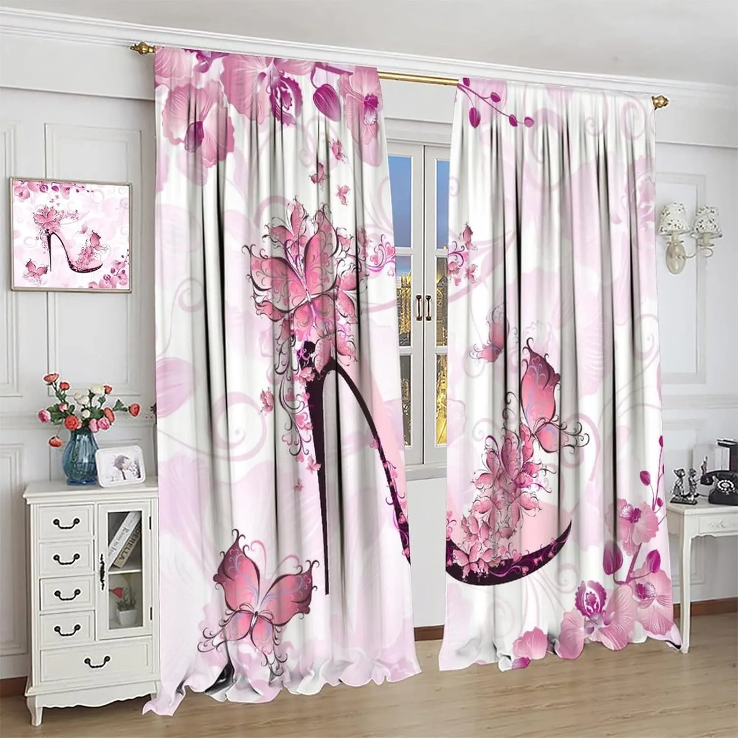 Butterflies High Heel Curtains for Home Decor Pink Flower High Heel Shoe Feminine Pattern Window Drapes for Bedroom Window Curtain 42x45 Inch