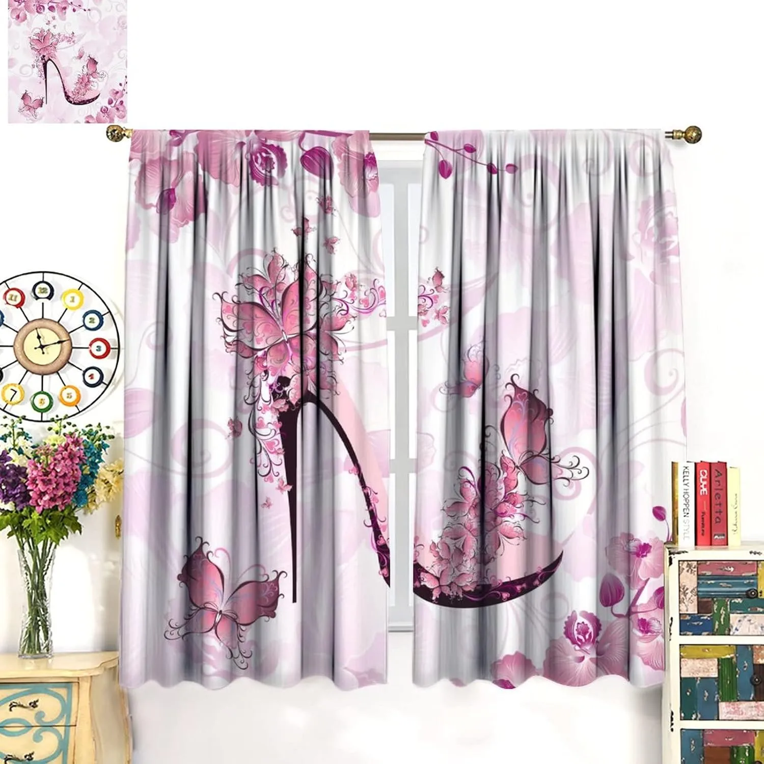 Butterflies High Heel Curtains for Home Decor Pink Flower High Heel Shoe Feminine Pattern Window Drapes for Bedroom Window Curtain 42x45 Inch
