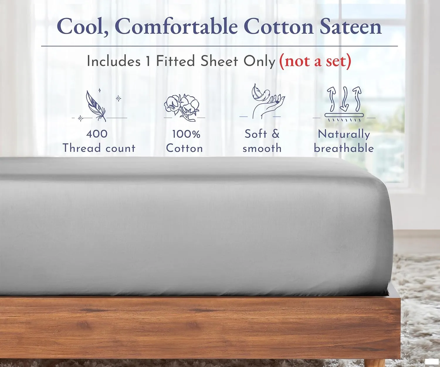 California Design Den Deep Pocket Fitted Sheet Queen Cotton, Soft 400 Thread Count 100% Cotton Sateen, Snug Fit, No Pop-Off Elastic, Durable Fitted Sheet Only (Queen, Light Grey)