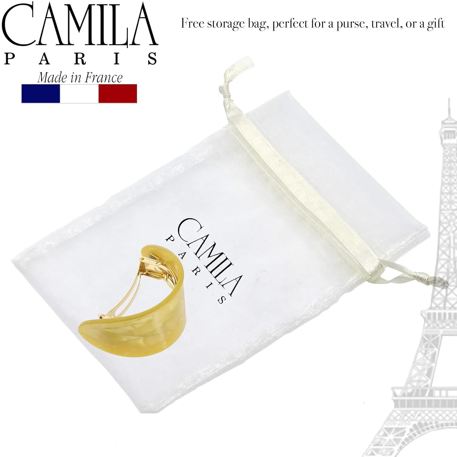 Camila Paris CP3149 French Hair Barrette, Hair Ponytail Holder for Fine Long Hair, Handmade Beige, Strong Hold Grip Hair Clips for Women, No Slip Styling Girls Hair Accessories, Made in France