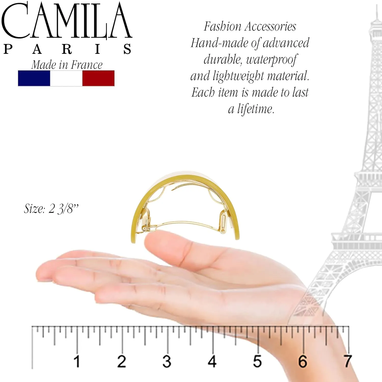Camila Paris CP3149 French Hair Barrette, Hair Ponytail Holder for Fine Long Hair, Handmade Beige, Strong Hold Grip Hair Clips for Women, No Slip Styling Girls Hair Accessories, Made in France
