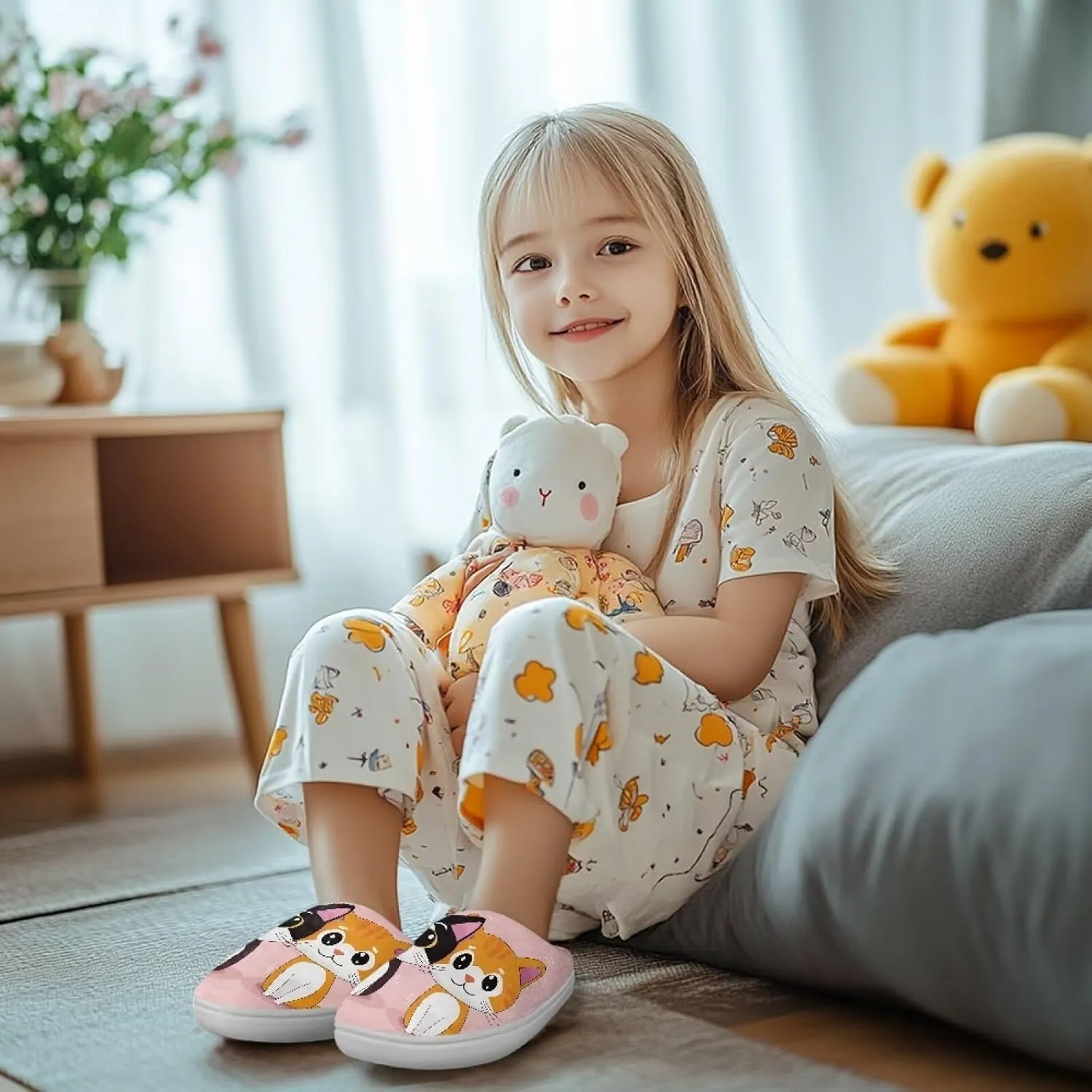 Cartoon Animals Plush Slippers for Kids Warm Fuzzy Indoor Shoes Boys Girls Cozy Winter Slippers Closed Toe Bedroom Soft Non Slip House Slippers US Size 9-15