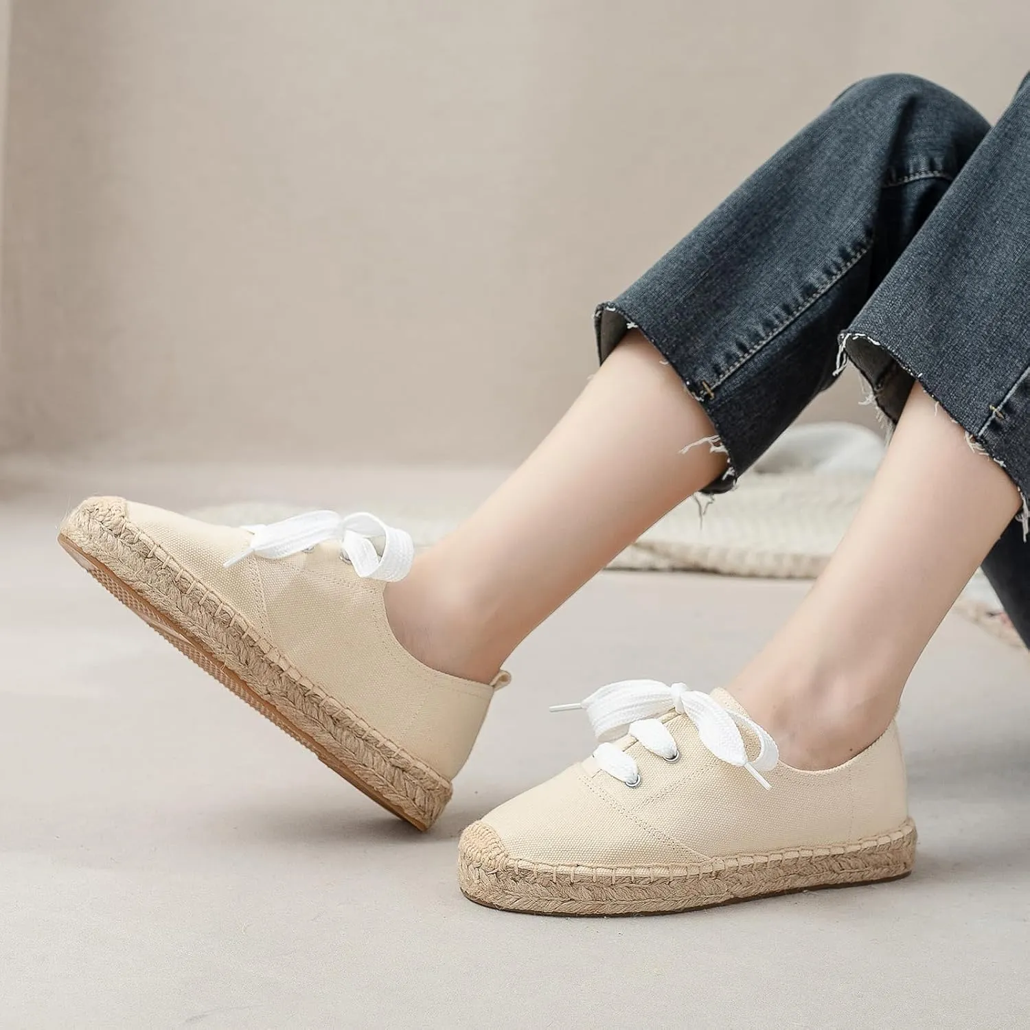 Casual Simple Espadrille Sneakers - Comfortable and Breathable Lace Up Women Flats Thick Bottom Espadrilles, Can Be Worn with Jeans, Long Skirts,Shorts