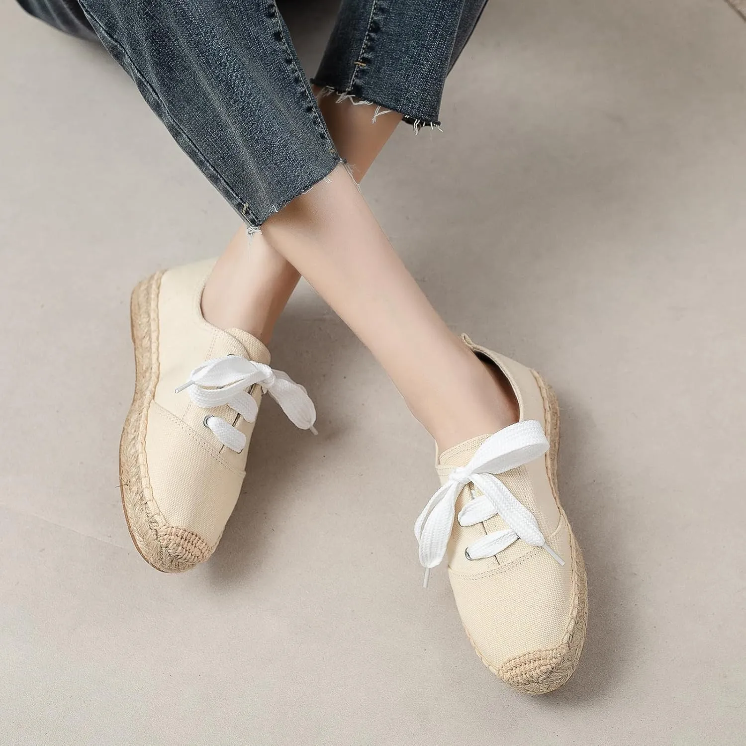 Casual Simple Espadrille Sneakers - Comfortable and Breathable Lace Up Women Flats Thick Bottom Espadrilles, Can Be Worn with Jeans, Long Skirts,Shorts