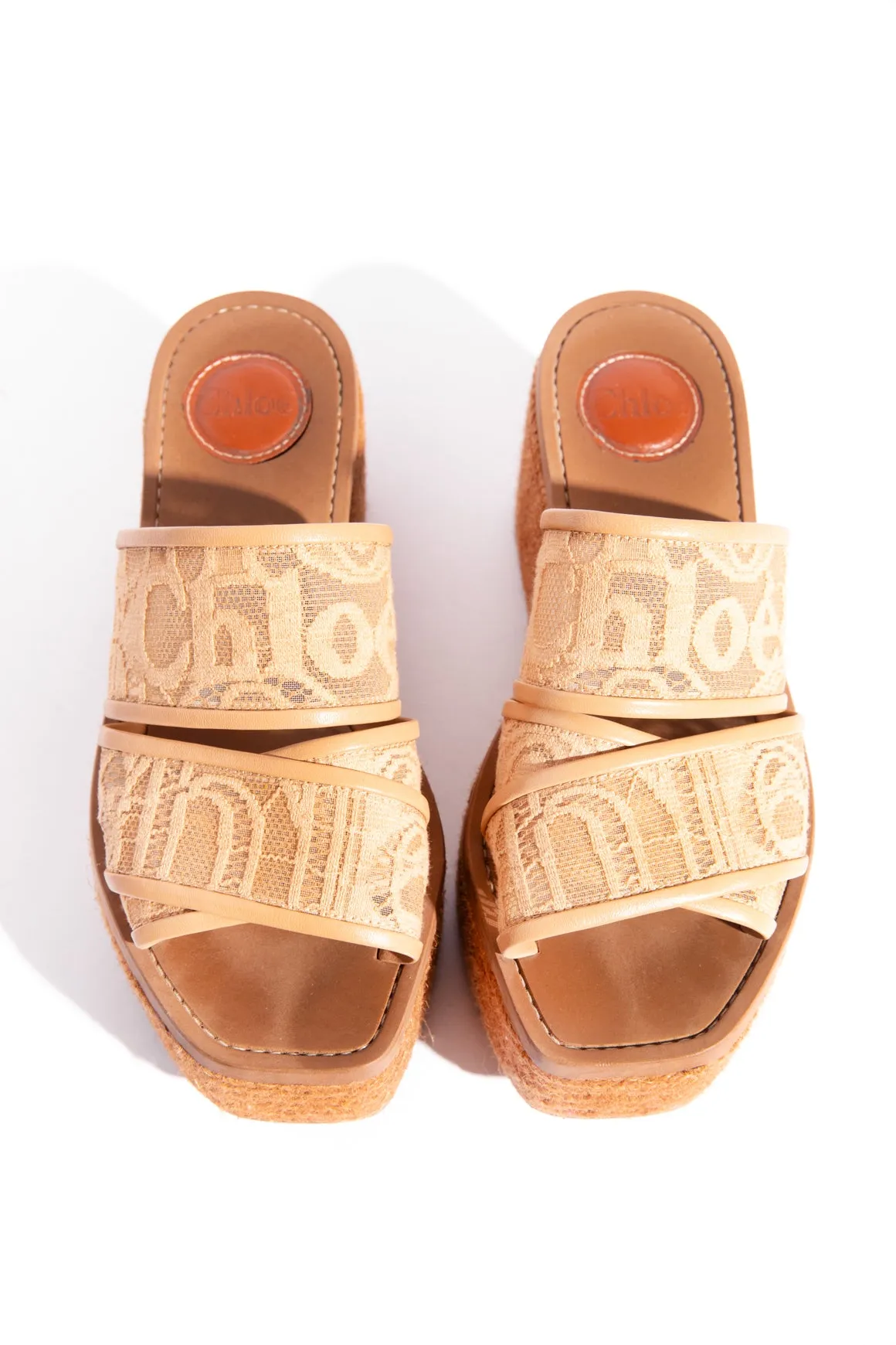 CHLOE Tan Lace Logo Espadrille Platforms (Sz.37)