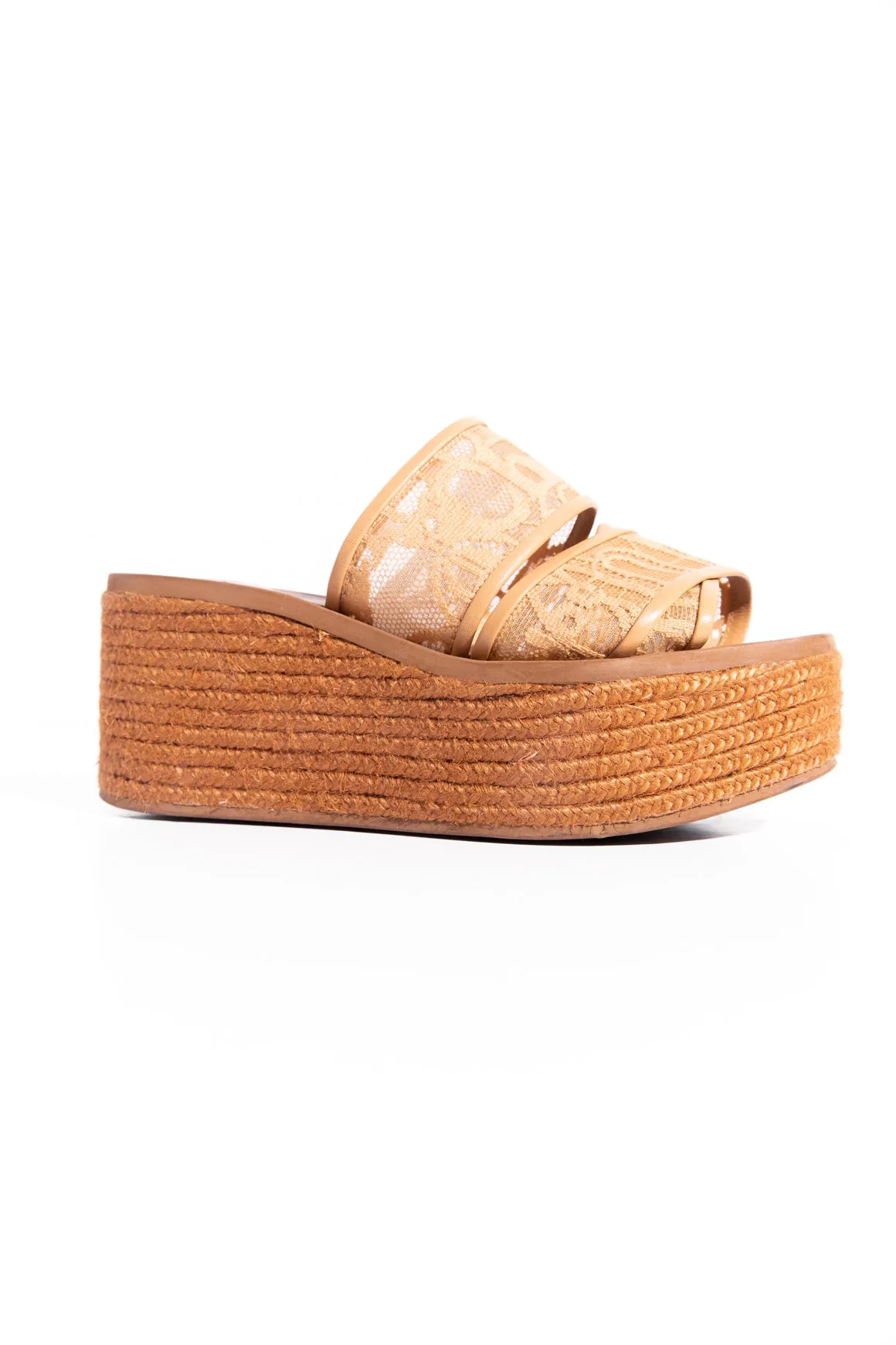CHLOE Tan Lace Logo Espadrille Platforms (Sz.37)