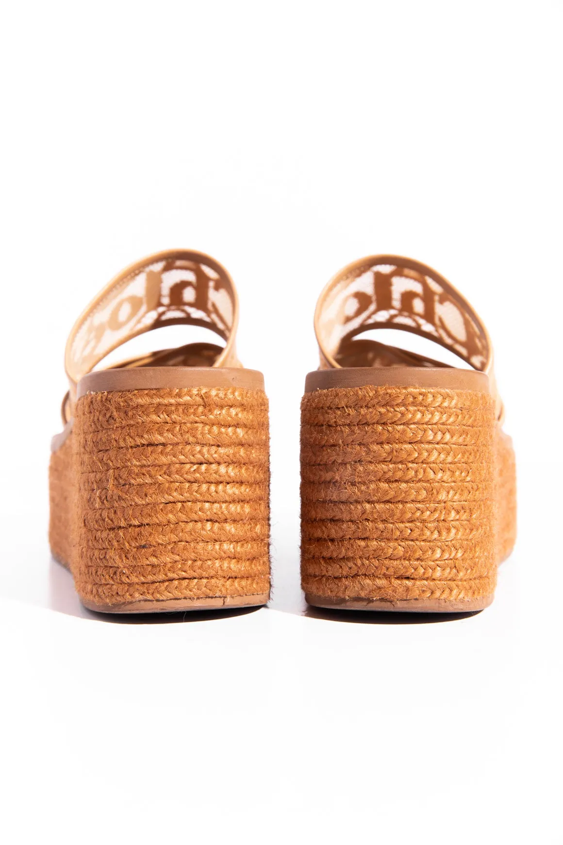 CHLOE Tan Lace Logo Espadrille Platforms (Sz.37)