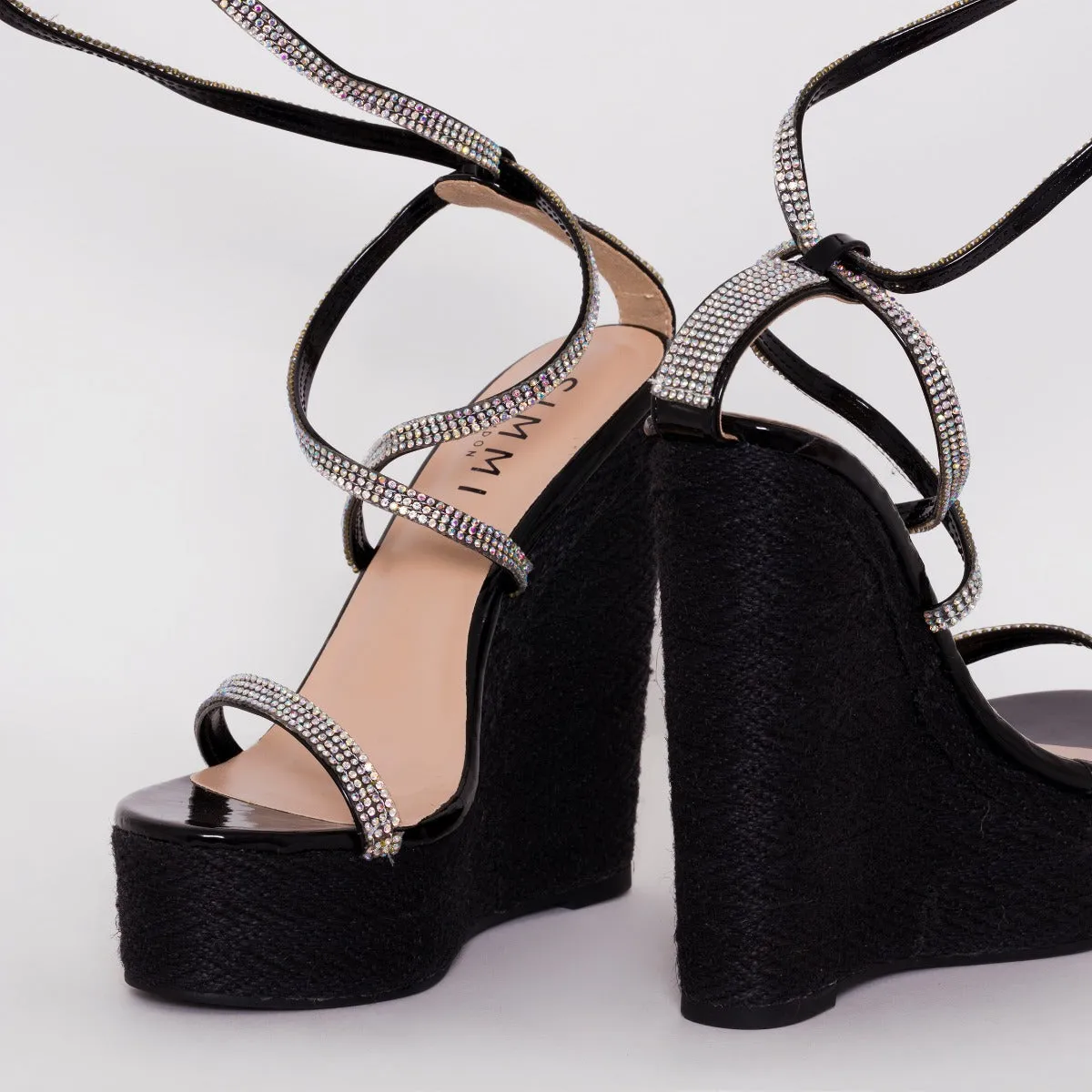 Ciara Black Patent Lace Up Espadrille Wedges