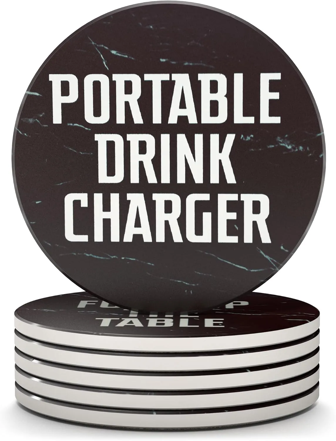 Clever & Funny Coasters for Drinks Absorbent with Box Holder - 6 Piece Ceramic Black Marble Coaster Set - Man Cave Decor