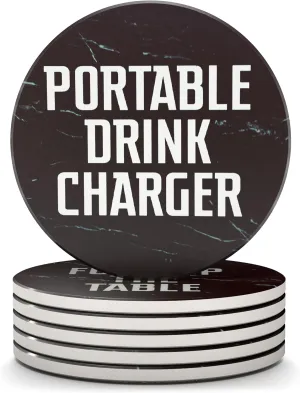 Clever & Funny Coasters for Drinks Absorbent with Box Holder - 6 Piece Ceramic Black Marble Coaster Set - Man Cave Decor