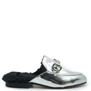 Confetti Silver Mirror and Fur Buckle Mule