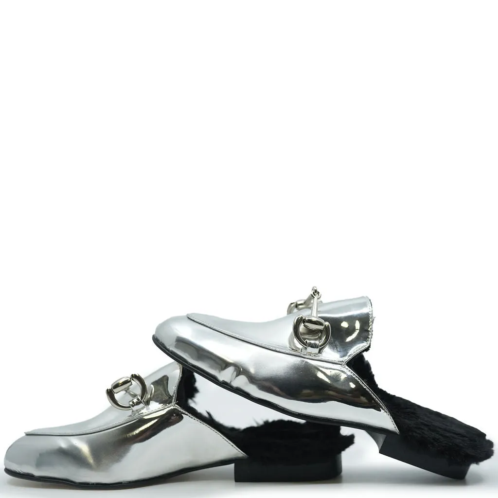Confetti Silver Mirror and Fur Buckle Mule