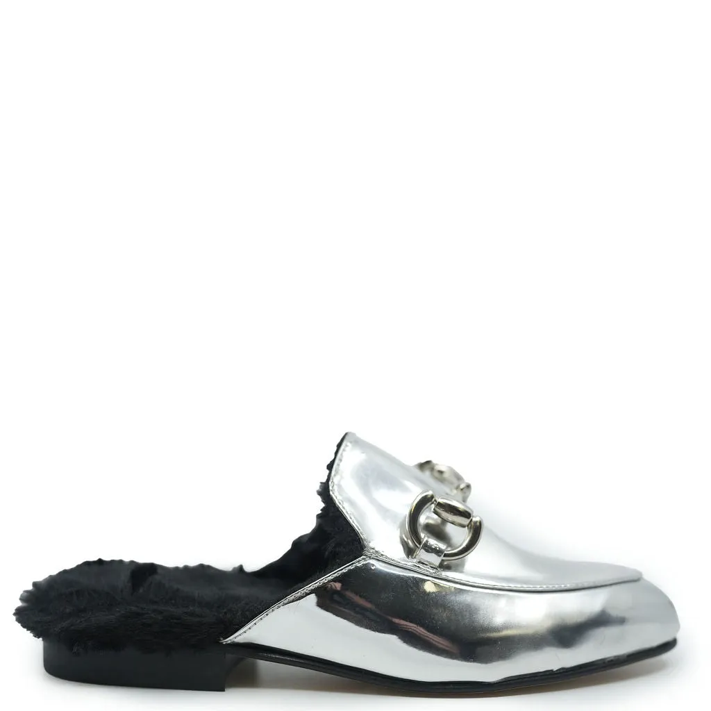 Confetti Silver Mirror and Fur Buckle Mule