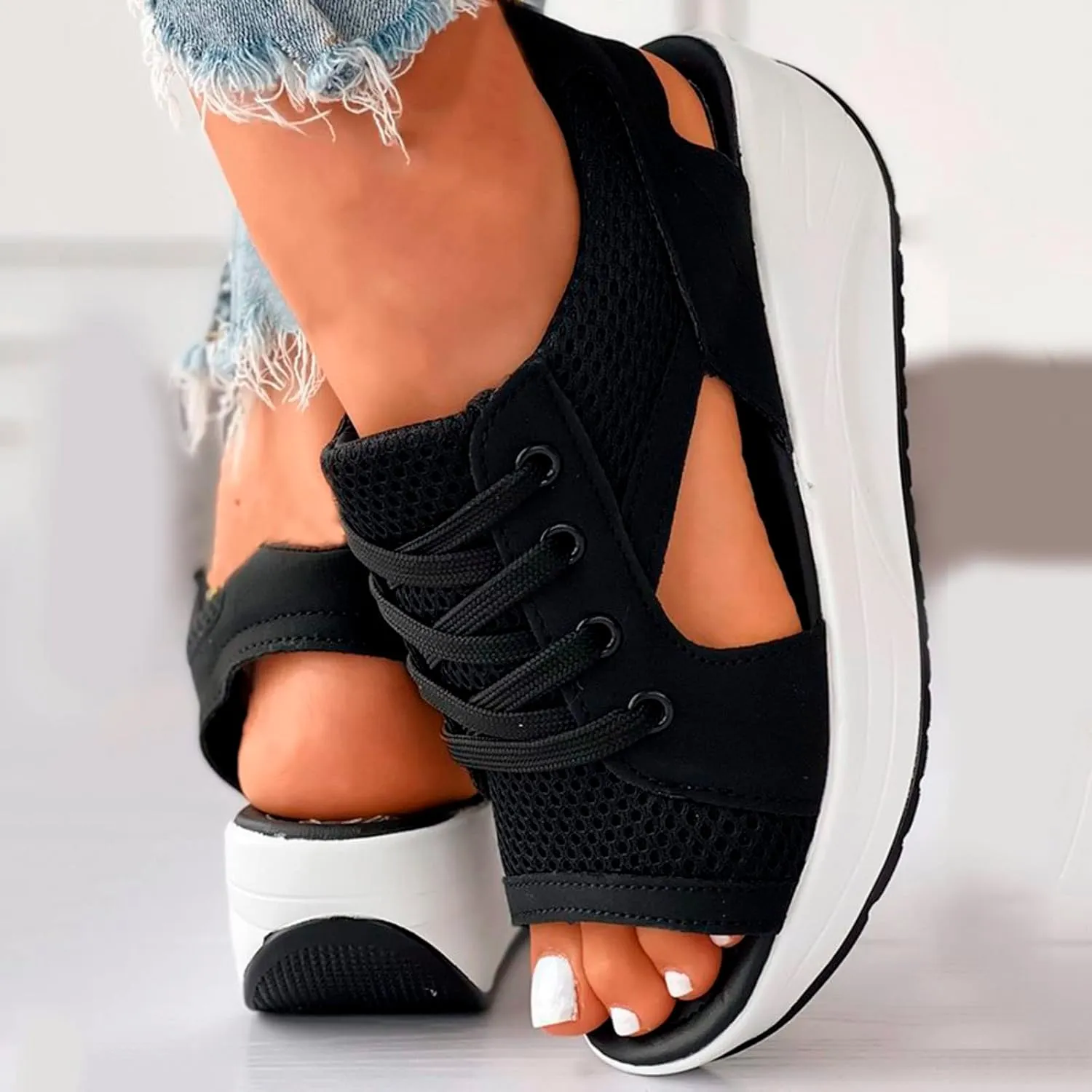 Contrast Paneled Cutout Lace-Up Muffin Sandals for Women Causal Summer Open Toe Platform Muffin Sandal Shoes