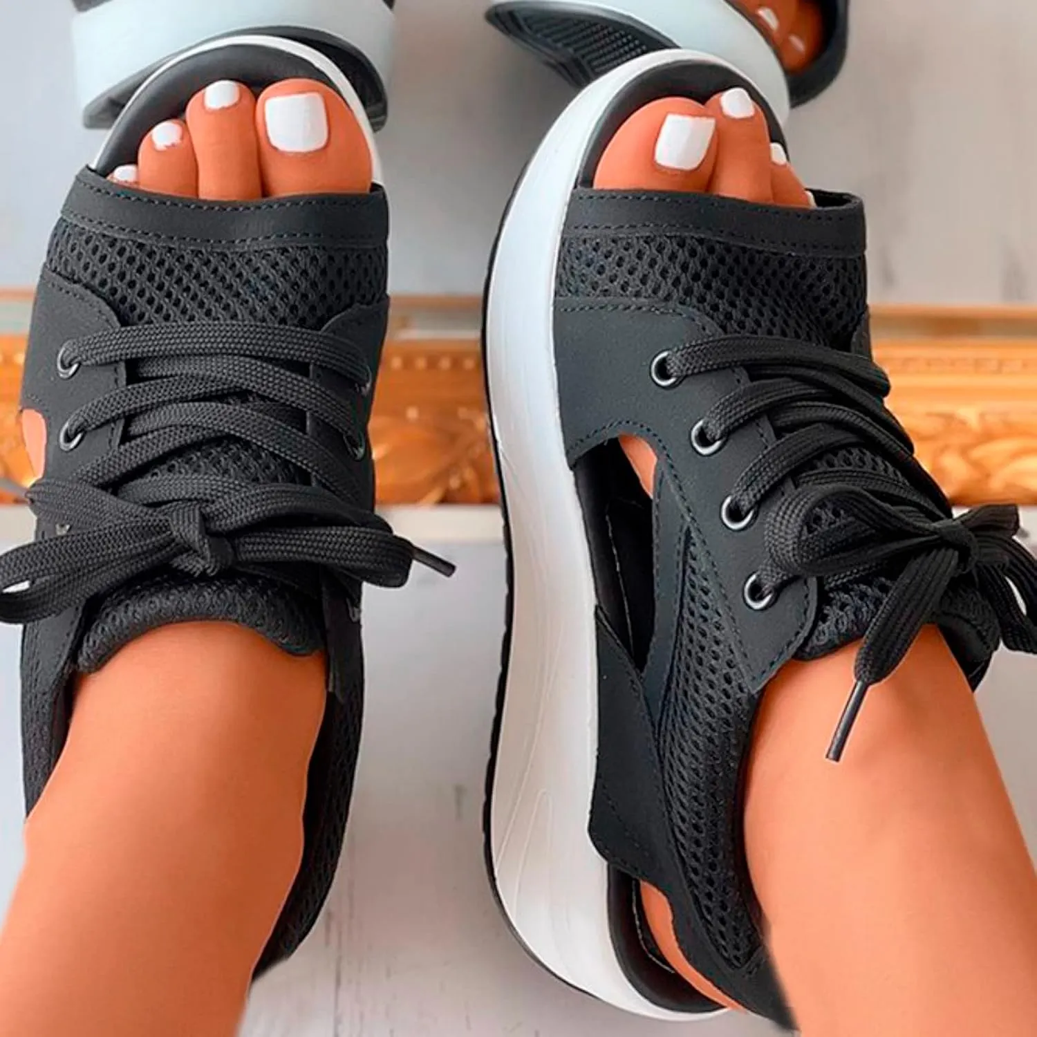 Contrast Paneled Cutout Lace-Up Muffin Sandals for Women Causal Summer Open Toe Platform Muffin Sandal Shoes