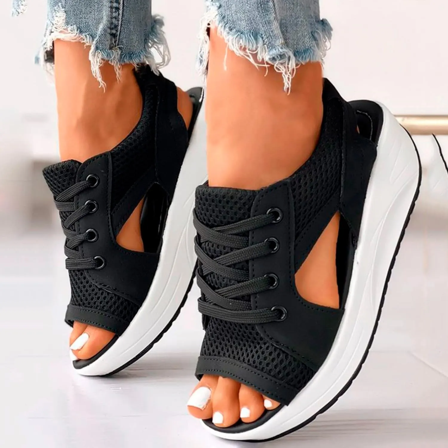 Contrast Paneled Cutout Lace-Up Muffin Sandals for Women Causal Summer Open Toe Platform Muffin Sandal Shoes