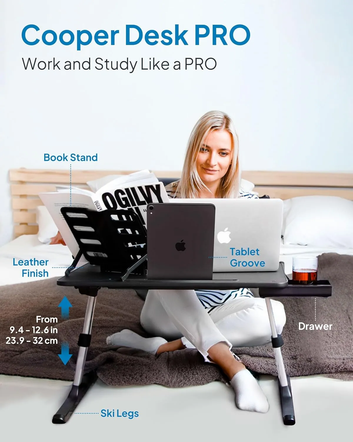 Cooper DeskPRO XL 23.6" Ergonomic Adjustable Laptop Bed Desk, Laptop Bed Table | Tray for Eating, Computer, Writing, Floor, Couch | Large Lap Desk for Adults | Leather, Drawer, Book Stand (White)