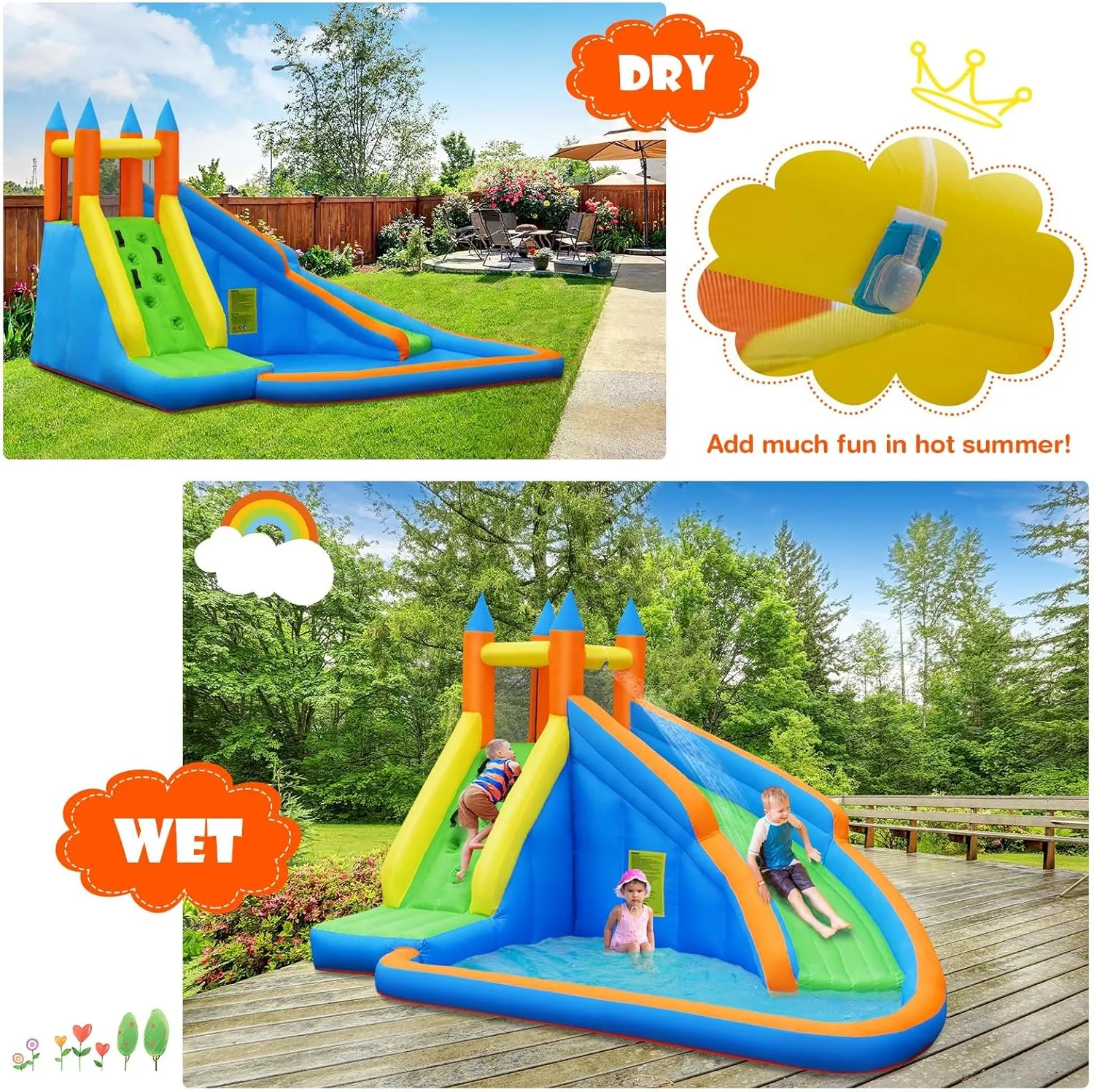 Costzon Inflatable Water Slide, Giant Bouncy Waterslide Park for Kids Backyard Outdoor Fun with 735w Blower, Climbing Wall, Splash Pool, Blow up Water Slides Inflatables for Kids and Adults Party Gift