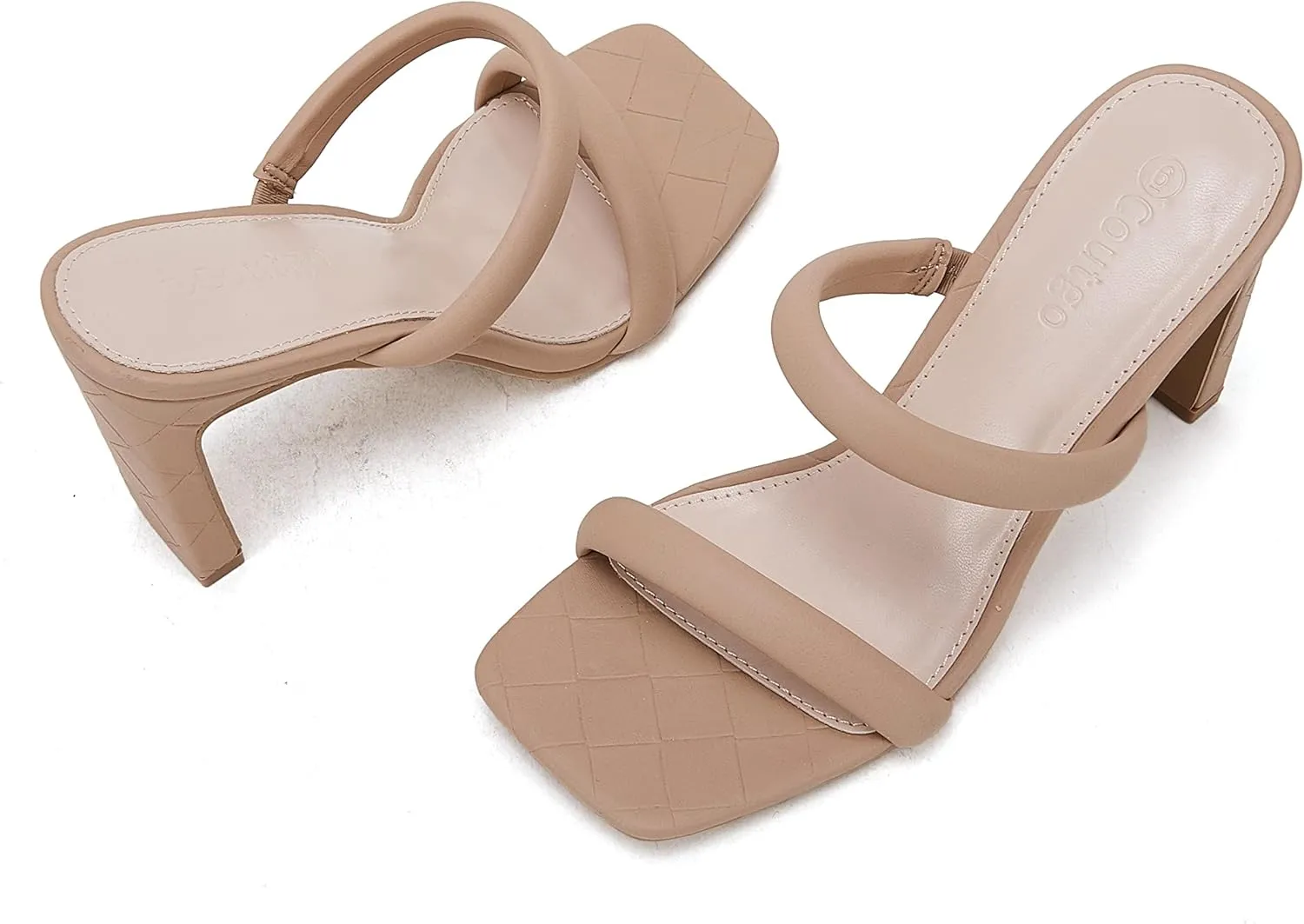 Coutgo Womens Square Open Toe Heeled Sandals Two Strap High Heel Backless Dress Slip On Mules