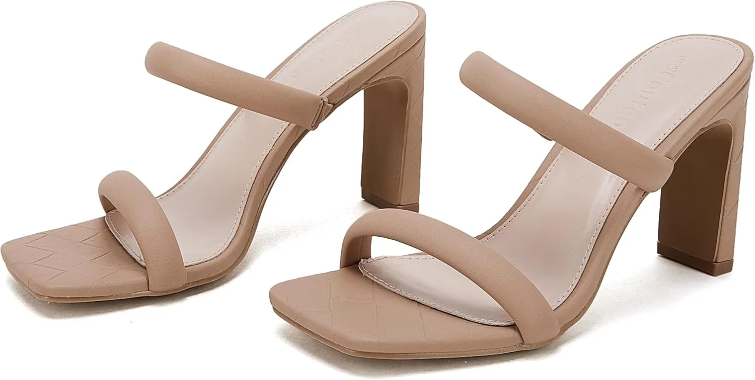 Coutgo Womens Square Open Toe Heeled Sandals Two Strap High Heel Backless Dress Slip On Mules