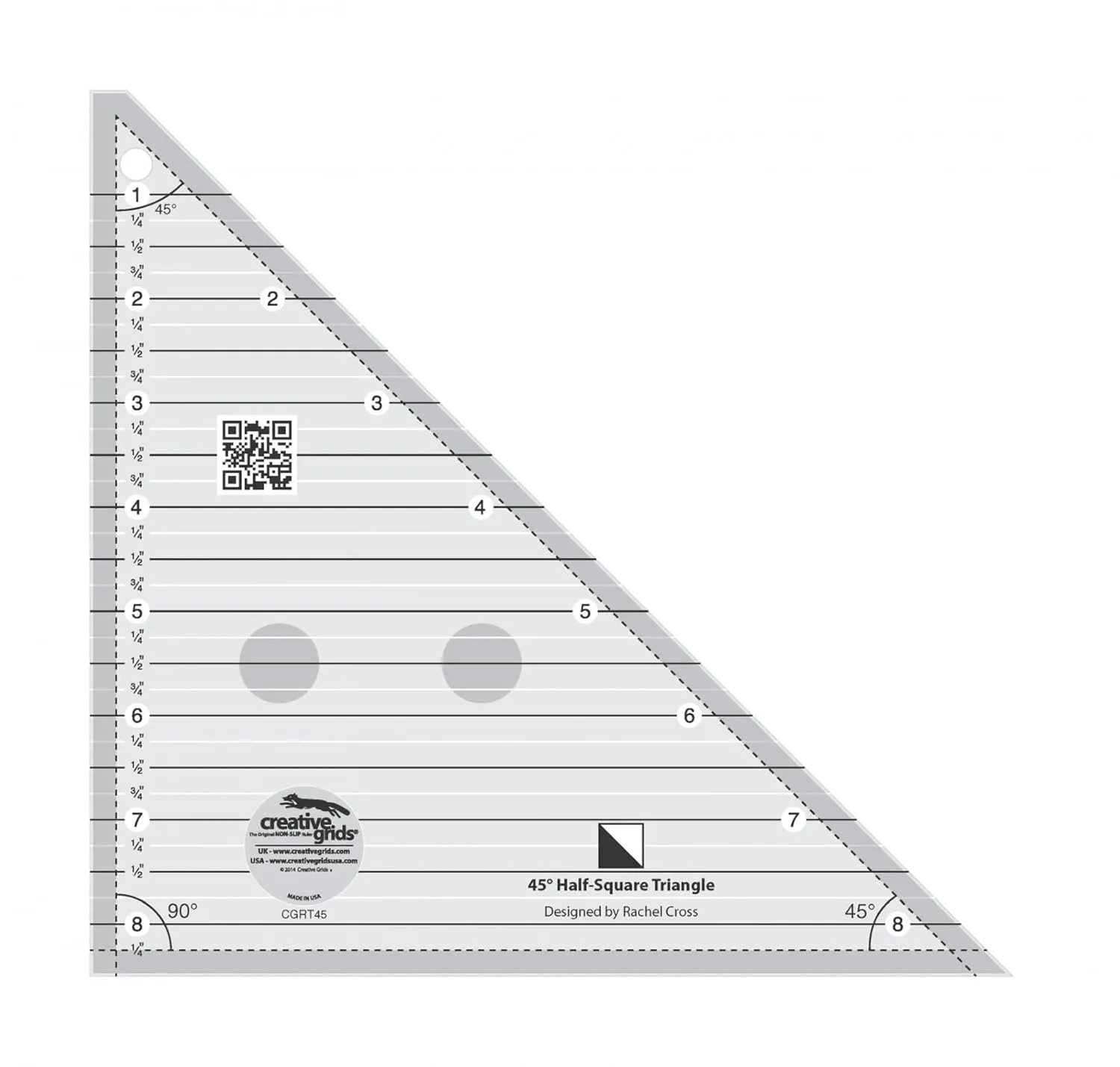 Creative Grids 45 Degree Half-Square Triangle 8-1/2in Quilt Ruler – CGRT45 – Made in USA, 8-1/2in x 9in, Non-Slip Grip Acrylic Quilting, Sewing, Crafting, Patchwork Ruler & Template