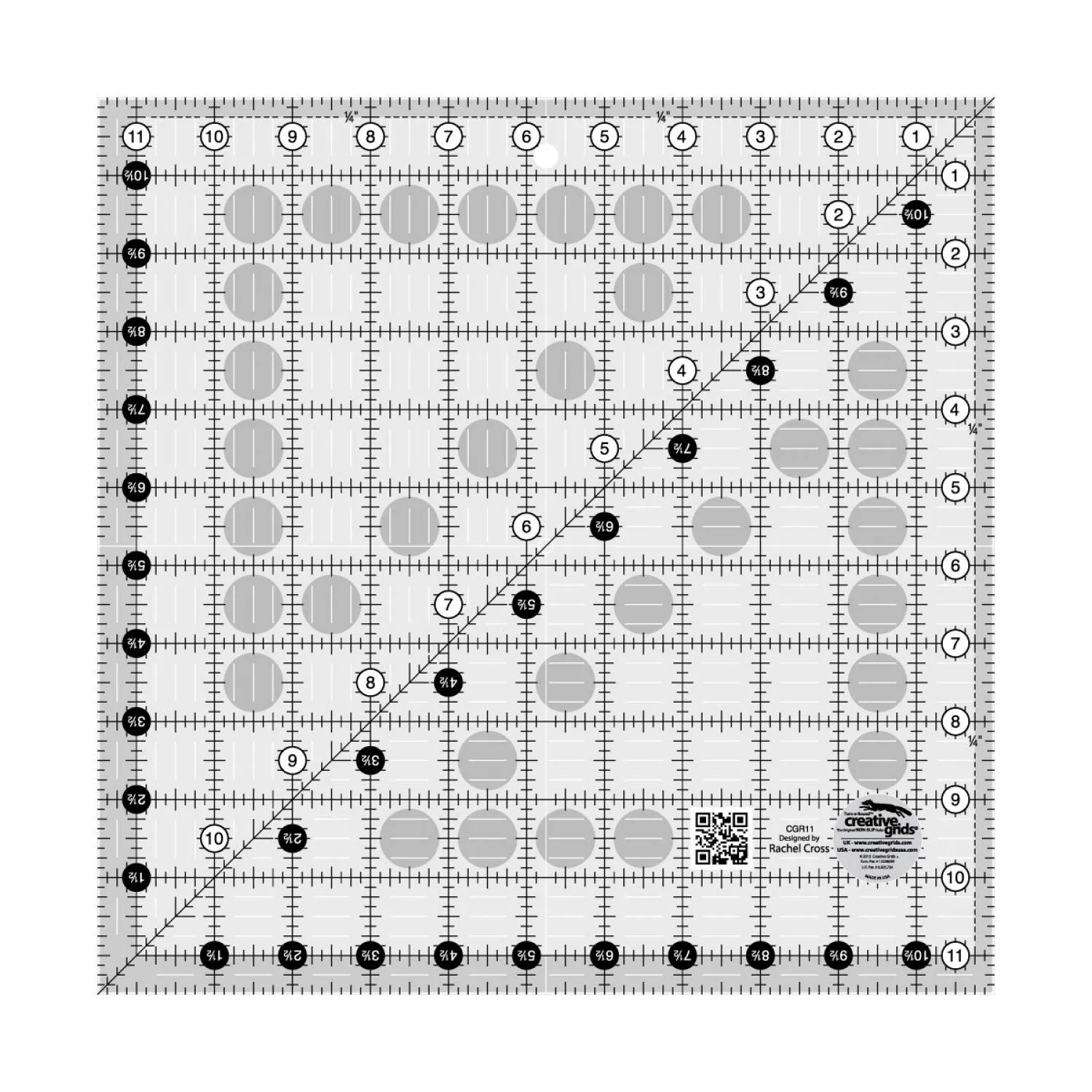 Creative Grids Quilt Ruler 11-1/2in x 11-1/2in Square – CGR11 – Made in USA, Non-Slip Grip Acrylic Quilting, Sewing, Crafting, Patchwork Ruler for Measuring & Cutting Fabric