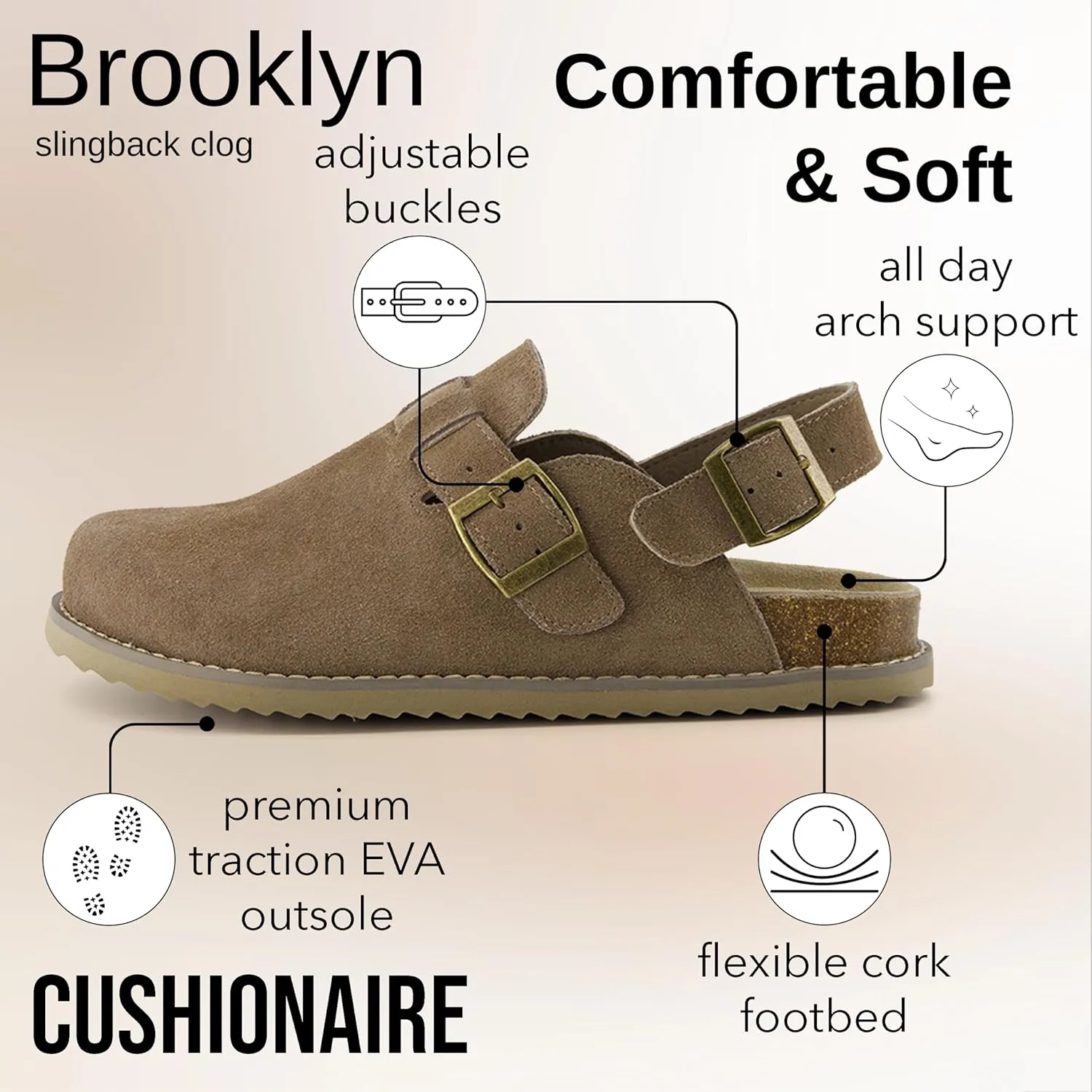 CUSHIONAIRE Brooklyn Women's Suede Clogs - Adjustable Slingback Clog Sandal with Buckle, Memory Foam, Wide Widths
