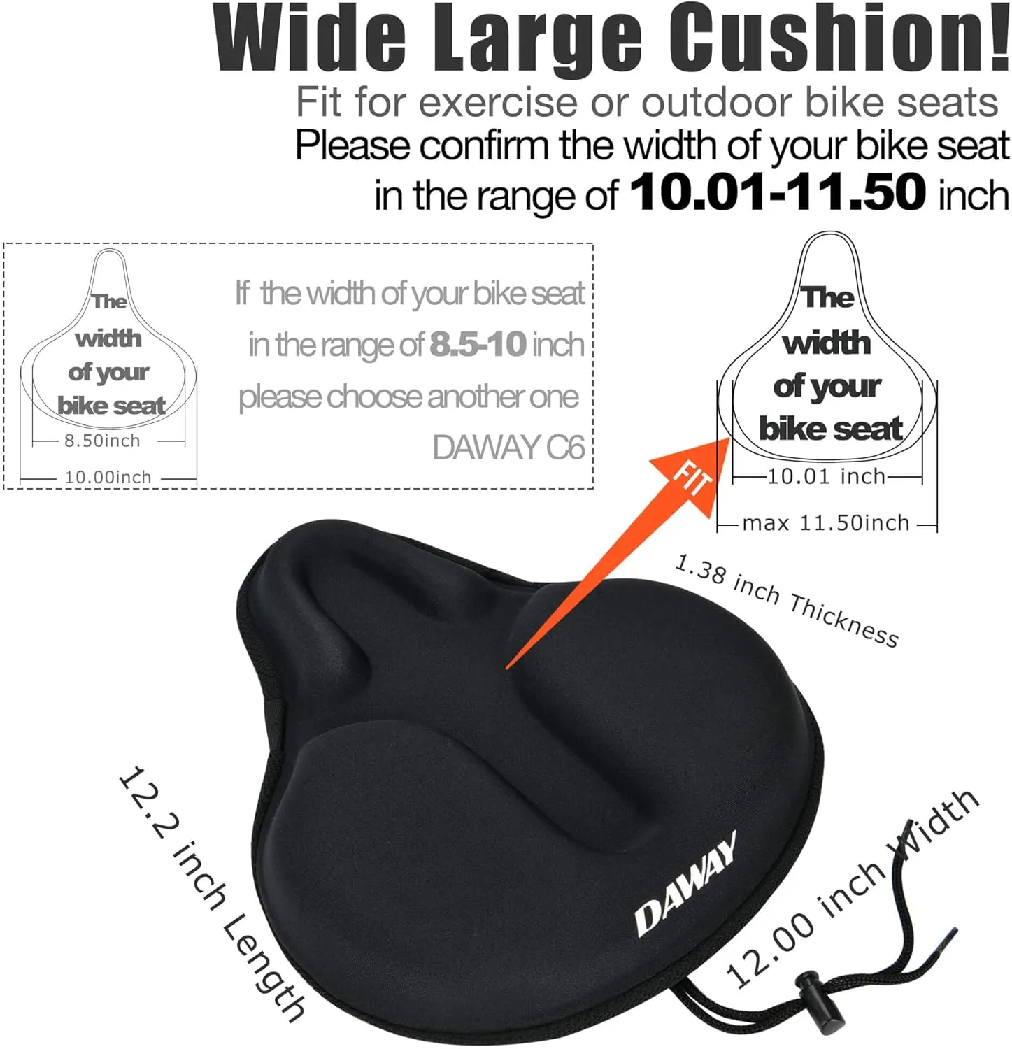 DAWAY Comfortable Bike Seat Cover - Silicone Gel & Memory Foam Padded Bike Seat Cushion for Men Women - Soft Bicycle Saddle Cover for Peloton, Stationary Exercise, Mountain Road Bikes - XL/Large/Small