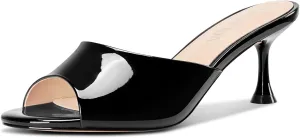 DearOnly Womens Open Toe Low Kitten Heel Sandals Slip-on Stiletto Mules Patent Leather Prom Dress Shoes 2.6 Inches Heels