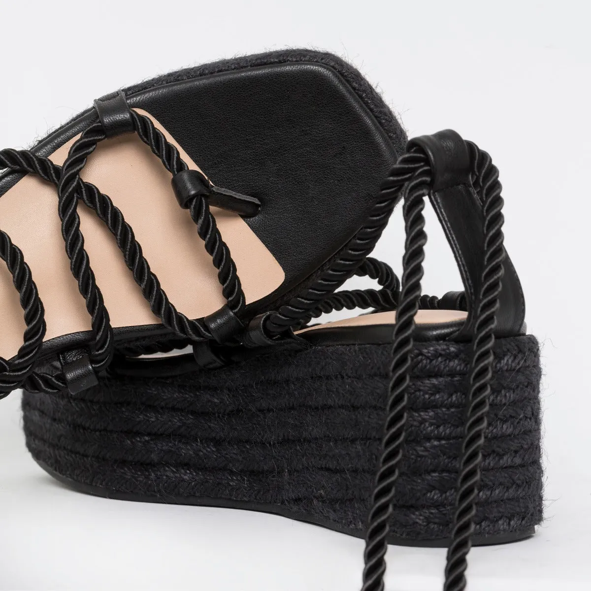 Dina Black Rope Lace Up Espadrille Flatforms