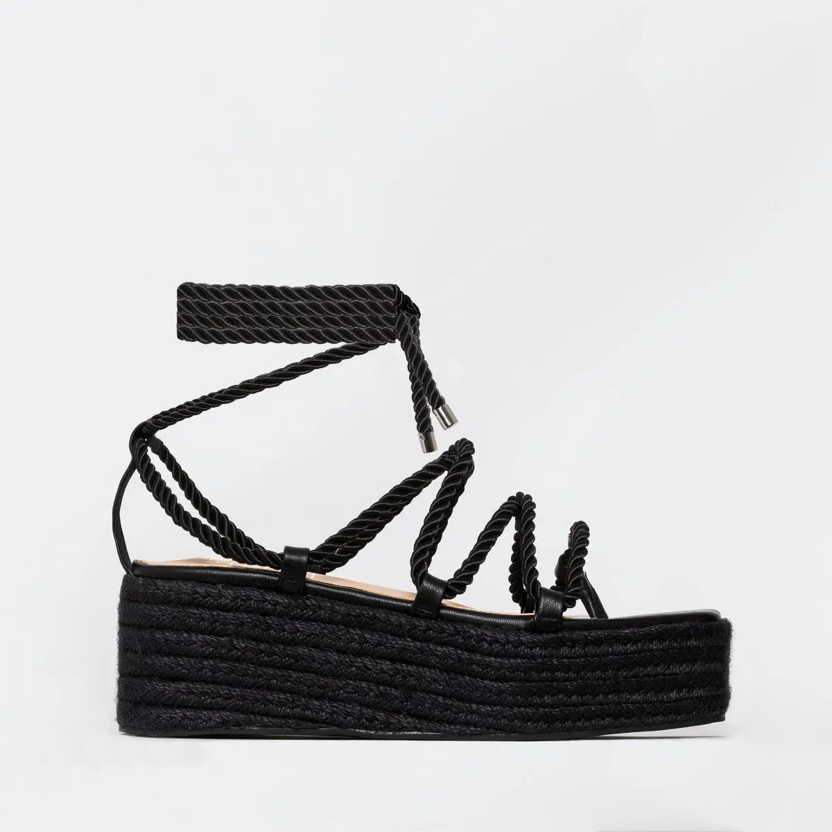 Dina Black Rope Lace Up Espadrille Flatforms