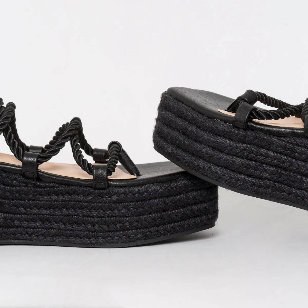 Dina Black Rope Lace Up Espadrille Flatforms