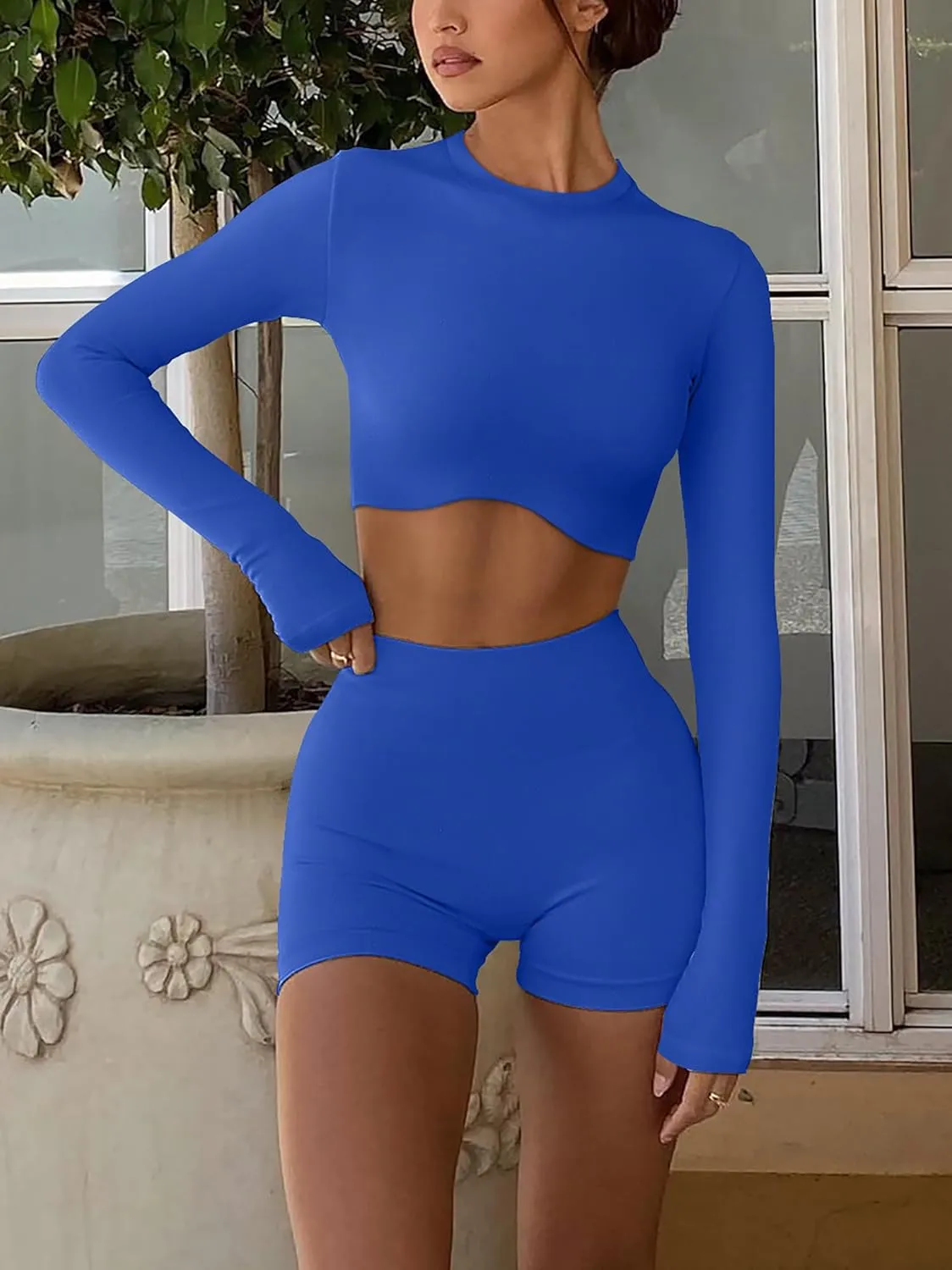 Double Lined Long Sleeve Crop Tops for Women Sexy High Neck Workout Tops Athletic Gym Shirts Running Cropped Tops