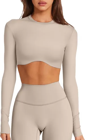 Double Lined Long Sleeve Crop Tops for Women Sexy High Neck Workout Tops Athletic Gym Shirts Running Cropped Tops