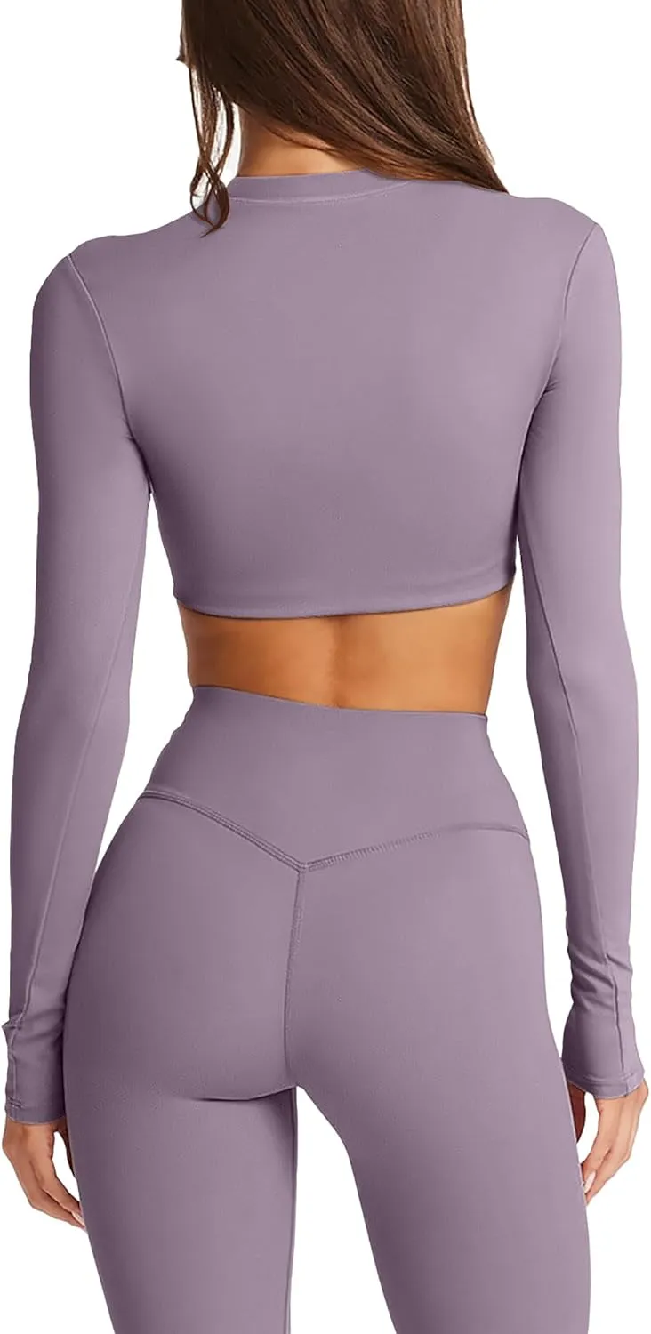 Double Lined Long Sleeve Crop Tops for Women Sexy High Neck Workout Tops Athletic Gym Shirts Running Cropped Tops