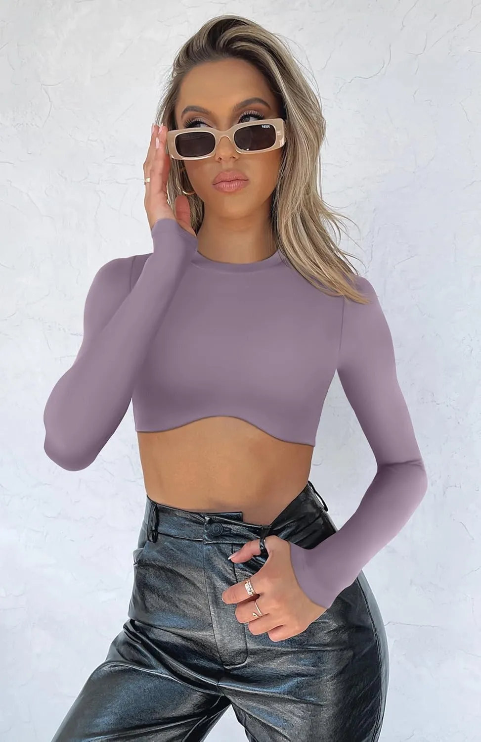 Double Lined Long Sleeve Crop Tops for Women Sexy High Neck Workout Tops Athletic Gym Shirts Running Cropped Tops