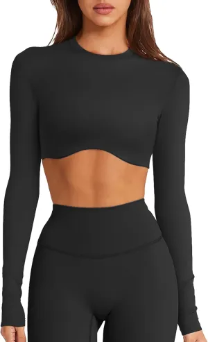Double Lined Long Sleeve Crop Tops for Women Sexy High Neck Workout Tops Athletic Gym Shirts Running Cropped Tops
