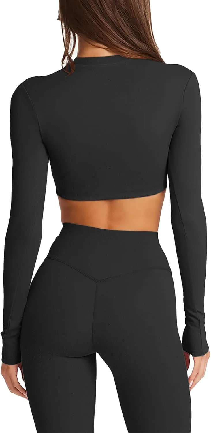 Double Lined Long Sleeve Crop Tops for Women Sexy High Neck Workout Tops Athletic Gym Shirts Running Cropped Tops